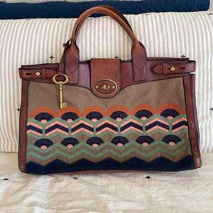 FOSSIL Vintage Reissue Weekender (green brown orange pink embroidered) RARE